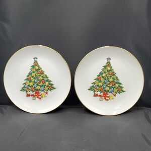 Jamestown China Christmas Tree Salad or Dessert Plate with Gold Trim 7.75" Set 2